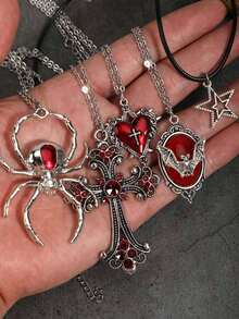 5pcs/Set Vintage Gothic Cross, Thorn Rose, Heart, Melting Cross, Star, Guitar, Music Note, Diamond Spade A Poker Pendant Necklace Set For Women - Silver - View 16
