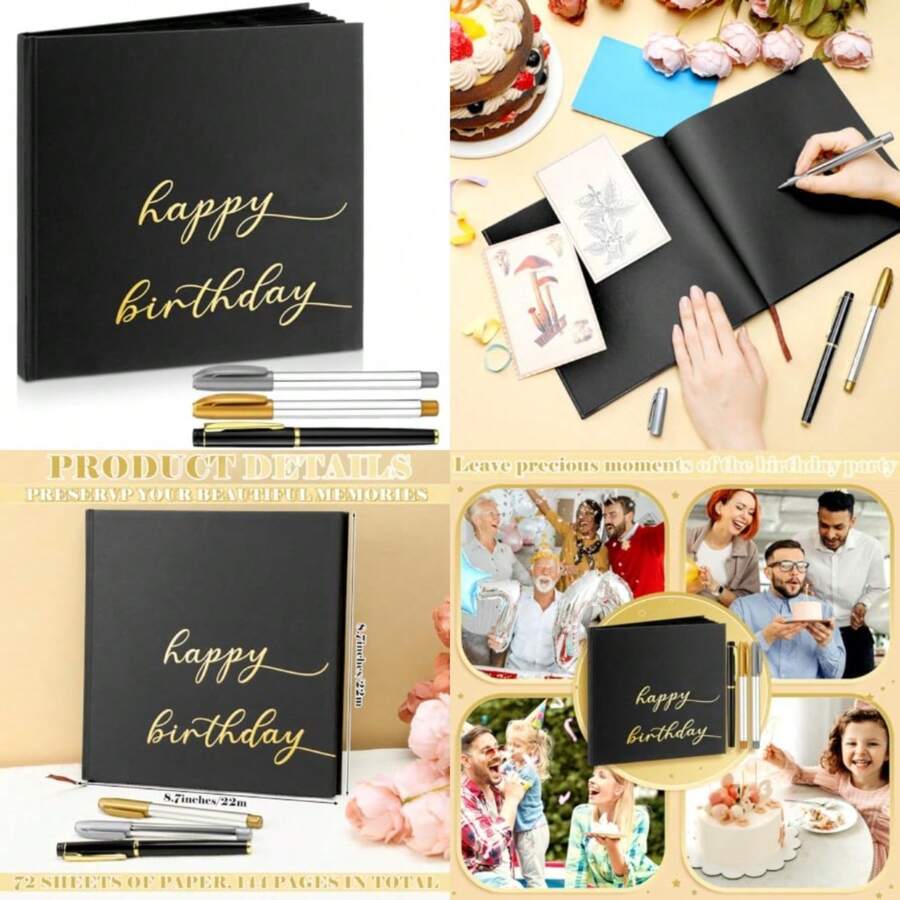 Scrapbook For 16th 18th 50th 60th, Happy Guestbook 7.87 X 7.87 Inch Photo Booth Album Signature Book With Gold Silver And Gel Pens, 72 Sheets - Black - View 1