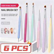 6Pcs Double Ended Nail Art Brushes Set, Macaron Color Handle Nail Design Tools, Dotting Pen & Painting Brush For Gel Polish Drawing, DIY & Professional Salon Manicure Accessories - Multicolor - View 1