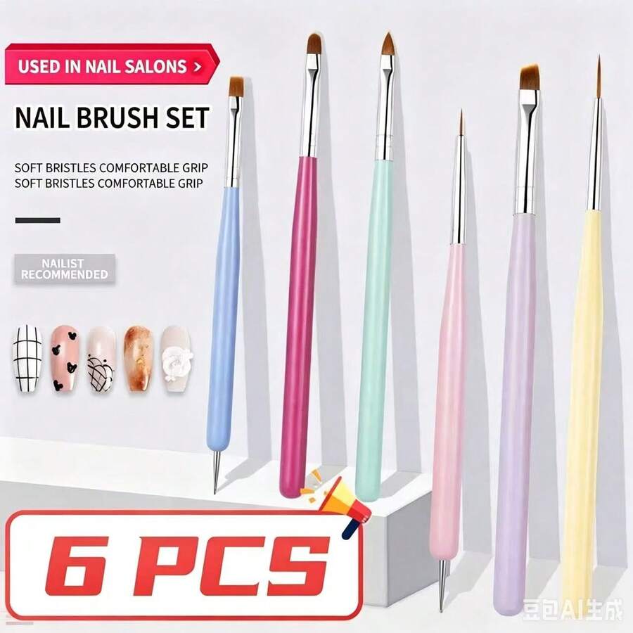 6Pcs Double Ended Nail Art Brushes Set, Macaron Color Handle Nail Design Tools, Dotting Pen & Painting Brush For Gel Polish Drawing, DIY & Professional Salon Manicure Accessories - Multicolor - View 1