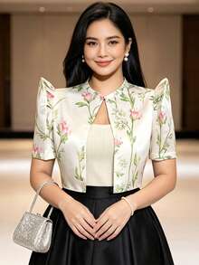 現代風蝴蝶袖女款短袖夏季上衣 - 杏色 - 查看 1