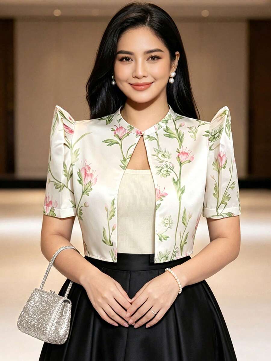 現代風蝴蝶袖女款短袖夏季上衣 - 杏色 - 查看 1