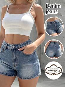 Y2K New Summer Women's Denim Shorts, Gradient Distressed Wash High Waist Button Zipper Pockets Cotton, Versatile For Outings, Dates, Commute, Spring/Summer Casual - Blue - View 3