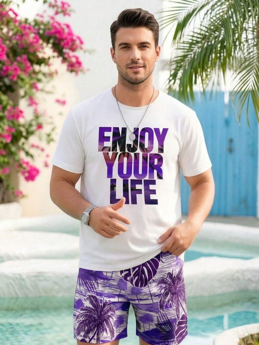 Men's Vacation Style Printed Short Sleeve Shorts Set - Multicolor - View 1