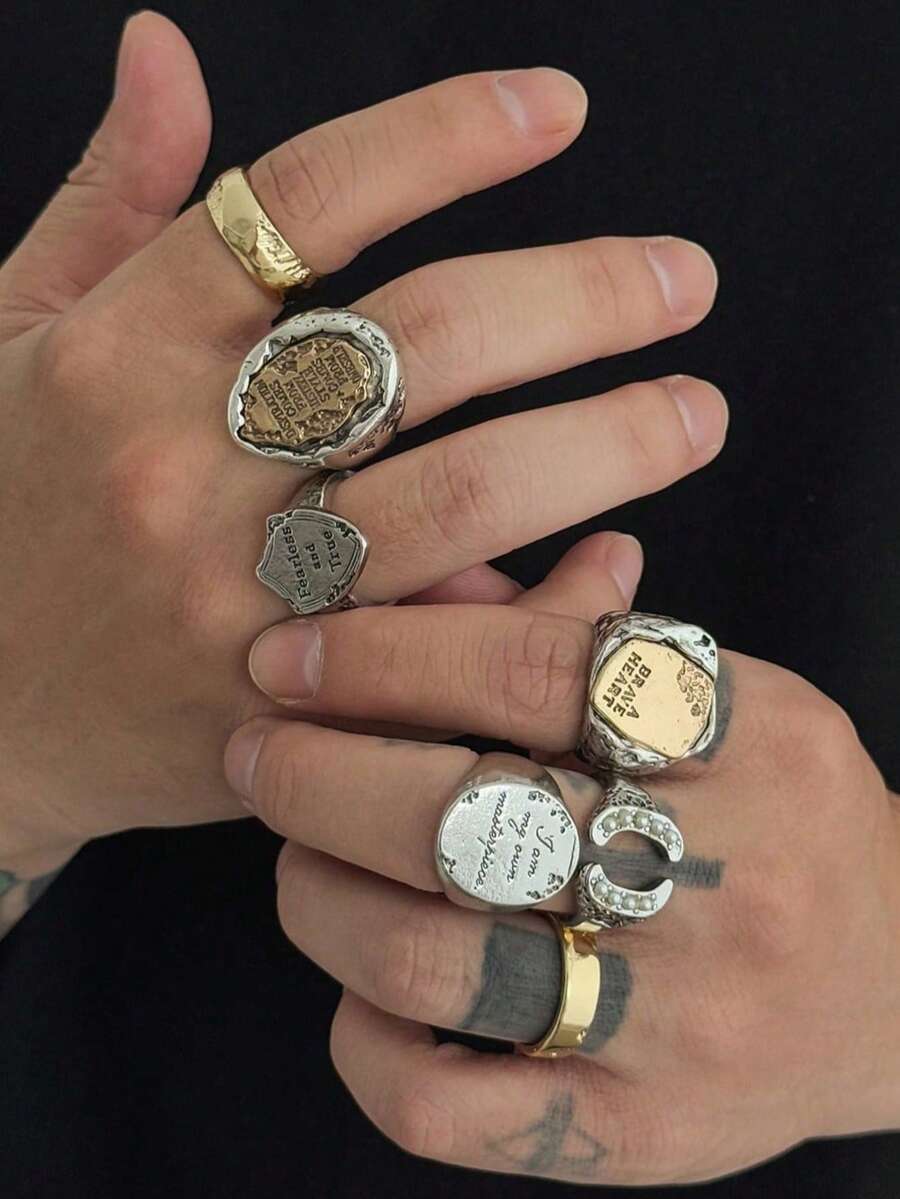 7pcs Vintage Dual-Tone Stamp Ring Set, Engraved Text Design, Asymmetrical Chunky Stackable Rings, Unisex, Gothic And Y2K Style Jewelry