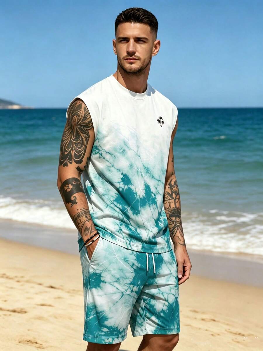 Men's Digital Print Sleeveless Tank Top And Shorts Set - Multicolor - View 1