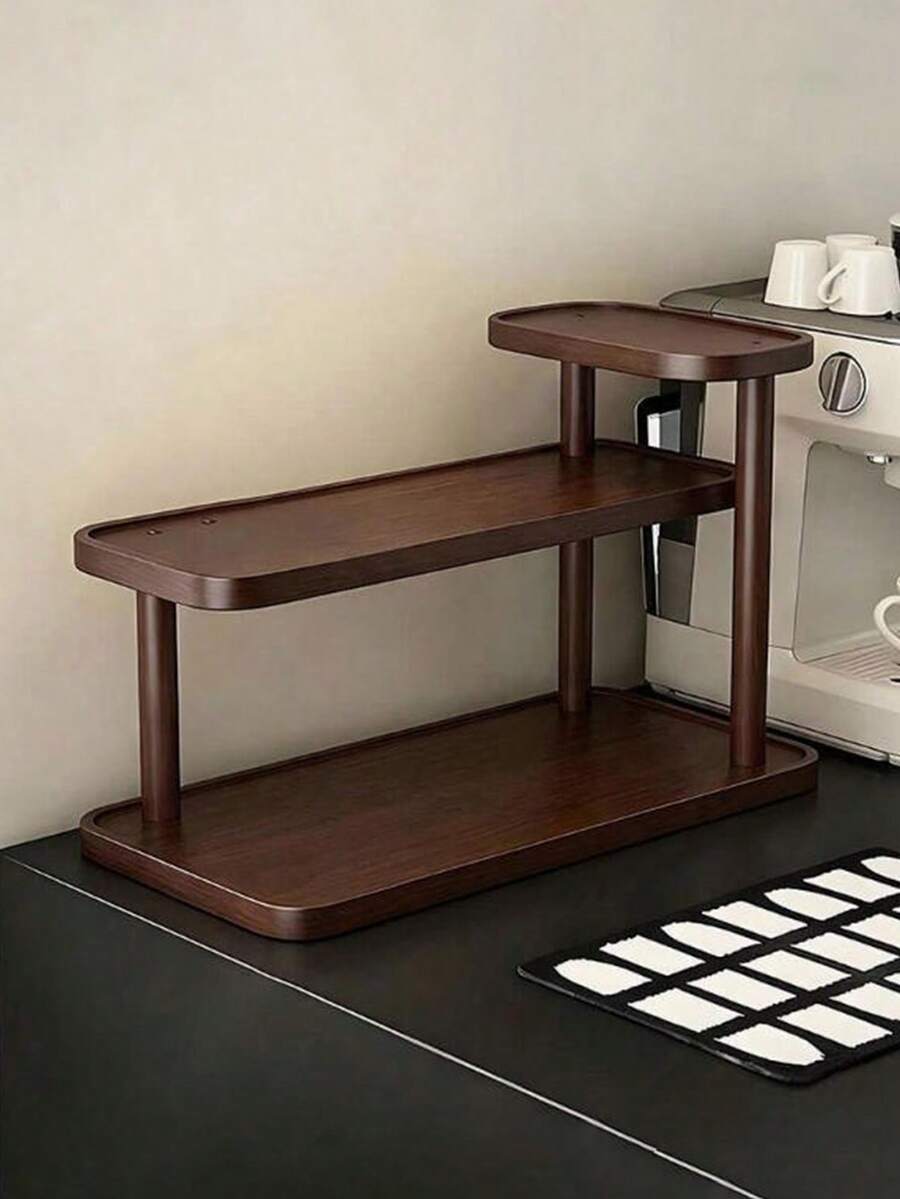 1pc Walnut Wood Desktop Storage Rack, Vintage 3-Tier Display Shelf, Multi-Layer Storage, Kitchen Spice Rack, Lacquered Finish, Retro Texture, Suitable For Displaying And Storing Cups, Mugs, Spice Bottles, Cosmetics, Perfumes And Decorative Items - Walnut - View 1