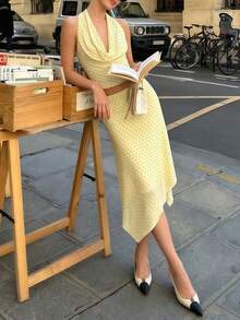 DOUCIU 2pcs Polka Dot Draped Halter Top & Asymmetrical Skirt Sets Daily Streetwear - Yellow - View 6