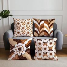 4 piezas de fundas de cojín con estampado floral geométrico vintage marrón, material de terciopelo de piel de melocotón amigable con la piel impreso en un solo lado, fundas de almohada de 45*45CM adecuadas para decoración del hogar interior dormitorio sala de estar habitación fiesta, decoración de sofá fundas de cojín regalo festivo, inserto de almohada no incluido - Multicolor - Ver 3