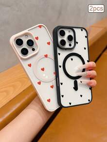 2pcs Heart Magnetic Matte TPU Shockproof Full Coverage Protective Phone Case Compatible With Apple 11/12/13/14/15/16/17 Pro Max - Clear - View 4