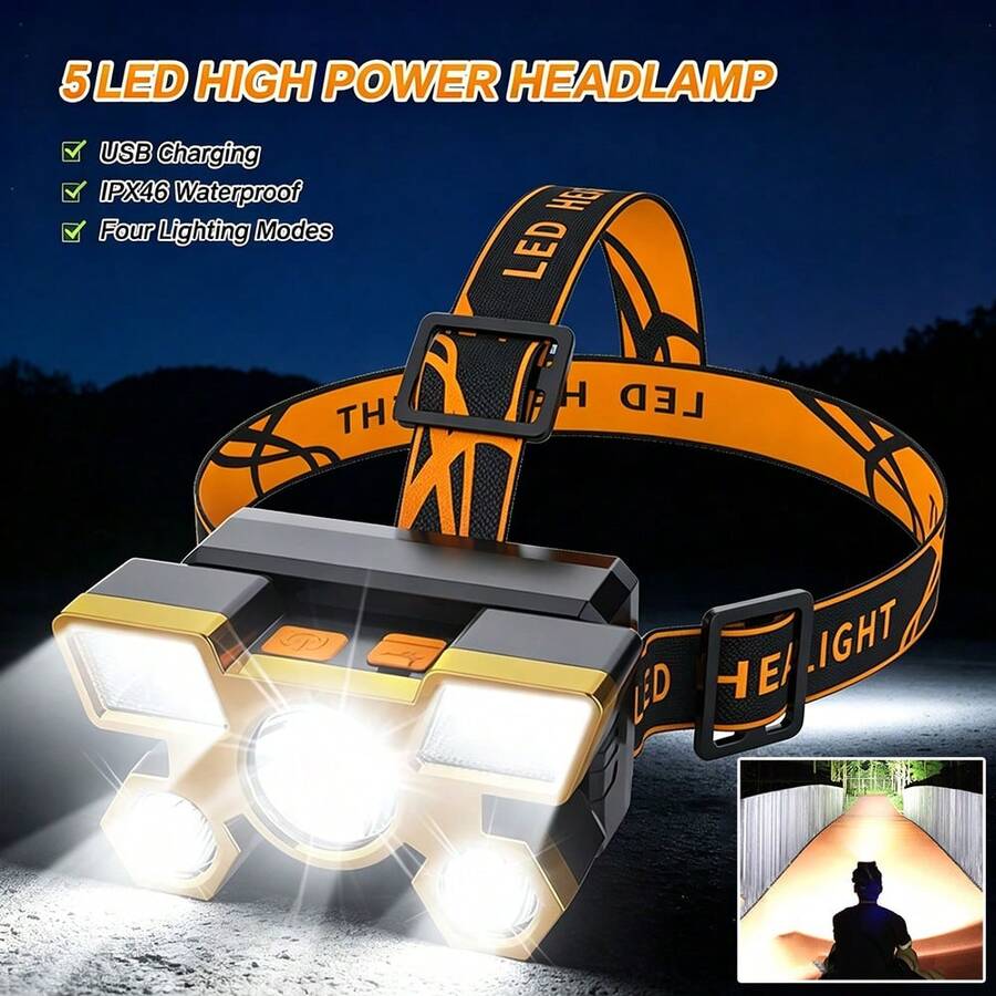 1pc LED Headlamp - Ultra Bright USB Rechargeable Lightweight, Suitable For Camping, Hiking, Running, Fishing And More Occasions, Multi-Function Ultra Bright LED Flashlight