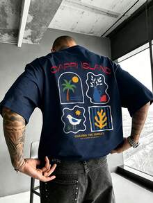 Men's Casual Vacation Minimalist Coconut Tree Print Round Neck Short Sleeve Summer T-Shirt - Navy Blue - View 1