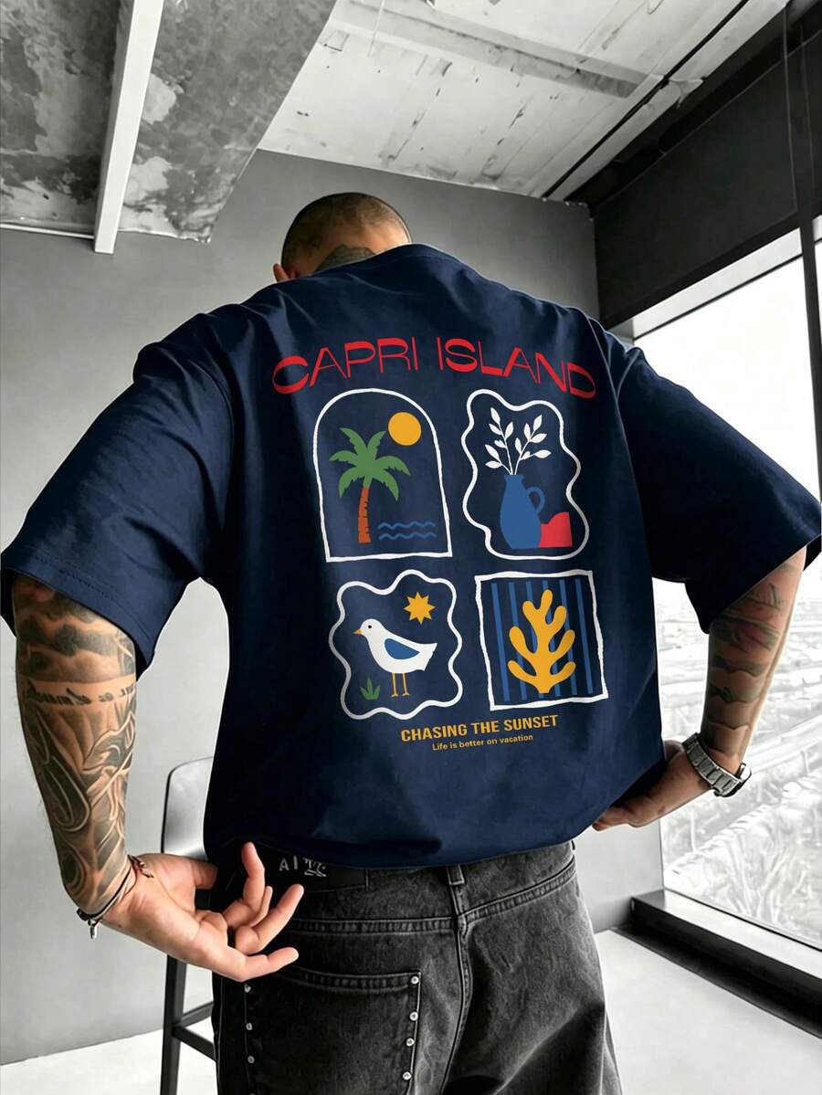 Men's Casual Vacation Minimalist Coconut Tree Print Round Neck Short Sleeve Summer T-Shirt - Navy Blue - View 1