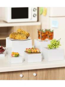 6pcs Buffet Display Stand, White Cube Desktop Storage Rack/Box, Dessert Cake Display Stand, Home Decor, Desktop Ornament, White Acrylic Cube Stackable Display Stand (Hollow Bottom), Suitable For Back To School Supplies, Back To School Festival Decoration, Catering Service, Birthday Party, Romantic Wedding, Baby Shower, Bridal Shower, Dessert Table And Art Exhibition - White - View 2