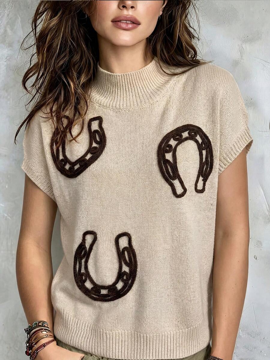 Women Casual Spring And Autumn Half High Neck Horse Hoof Embroidery Knit Tops Solid Color Drop Shoulder Sweater Vest - Apricot - View 1