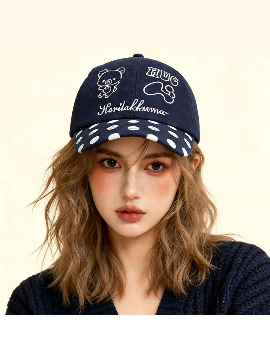 1件可愛卡通熊刺繡棒球帽,波點拼接軟頂棒球帽,修臉百搭女款 - 彩色 - 查看 1