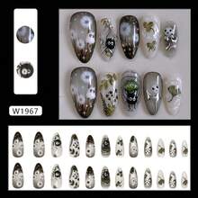 24 Pcs Clear Smudge Press On Nails Short Almond, Fall Winter Fake Nails Press Ons Acrylic Nail Art Tips Kit Full Cover False Nails Glue On Nails With Dandelion Plant Spirit Design For Women - 黑色幽靈 - 查看 2