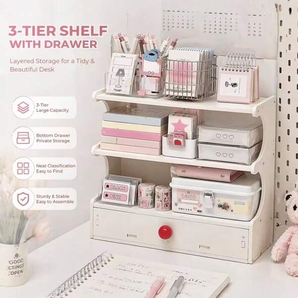 3-Layer U-Shaped Movable Office Desk Storage Rack With Drawers For Dormitory Use Organizing Water Cups And Stationery Ornament Storage