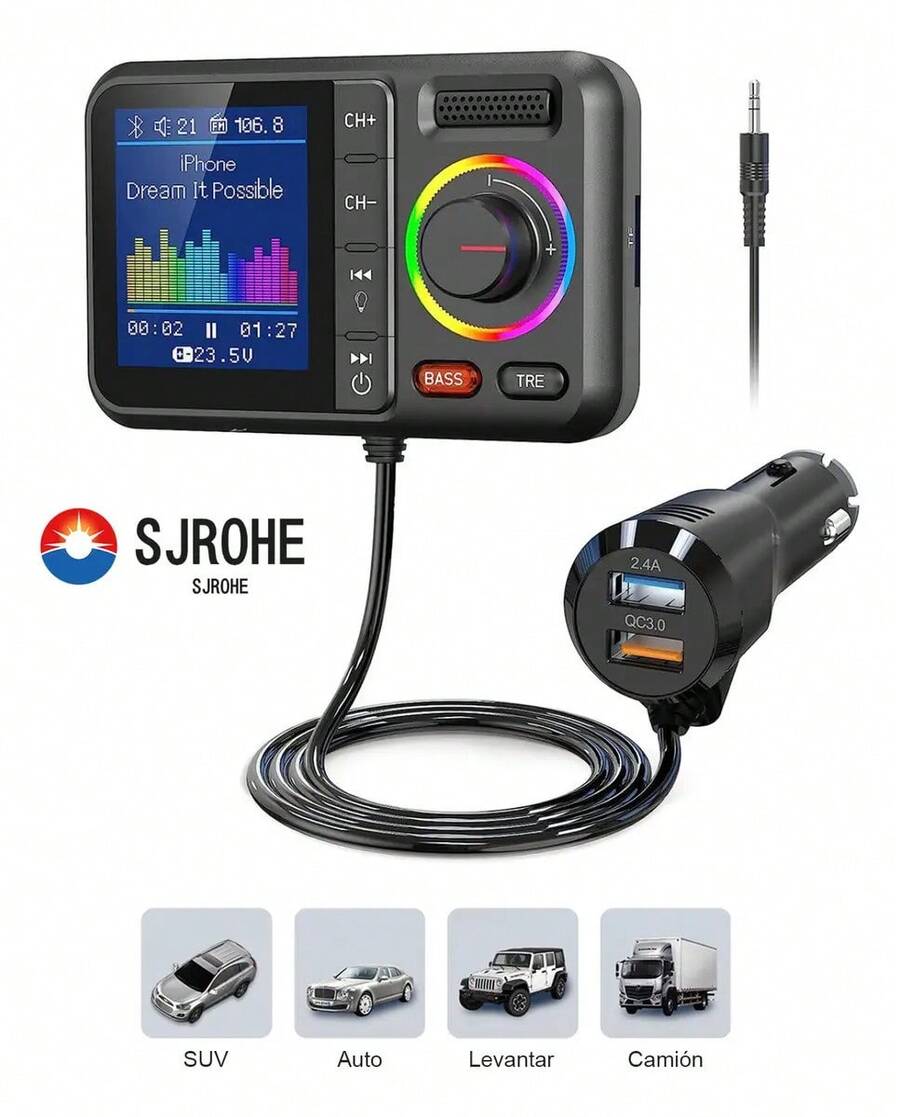 SJROHE Transmisor FM Bluetooth USB 3.0 Carga Rápida Adaptador con Pantalla LED RGB Bluetooth 5.0 FM receptores bluetooth para Auto Audio HD Llamadas por Bluetooth Transmisor Bluetooth FM Color negro