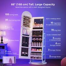 HWB RGB Jewelry Cabinet With Full Length Mirror, 360° Rotating Lockable | 12-Zone Velvet Floor Standing Jewelry Organizer | 108 Earring Slots, 24 Necklace Hooks, RGB+LED, Remote Control, Ideal Gift - White - View 3