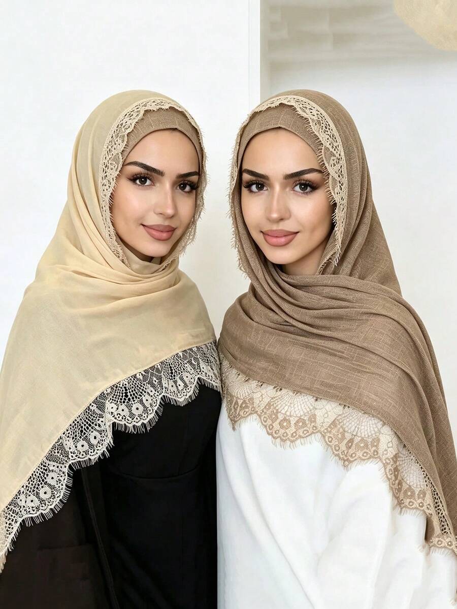 1pc Tie-Dye Textured Soft Breathable Natural Crinkle Eyelash Lace Trim Muslim Hijab Scarf - Multicolor - View 1