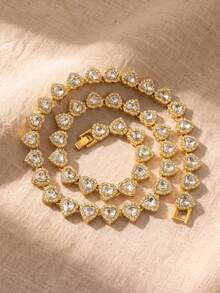 1pc Gold Heart-Shaped Rhinestone Tennis Choker Necklace, Crystal Chain Women's Jewelry, Shiny Romantic Comfortable, Valentine's Day Daily Party Accessory - Gold - View 6
