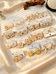 4/8/16/20-Piece Set: Elegant Cream-White Pearl Flower & Four-Leaf Clover Stainless Steel Earrings – Women's Accessories & Wedding Gift Earrings - Multicolor - View 4
