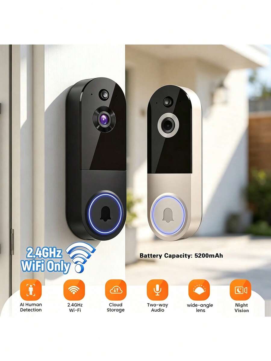2.4G WiFi 無線視訊門鈴攝影機，5200mAh 可充電智慧安全門鈴，支援 AI 人體偵測、雙向對話與夜視