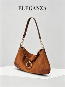 1pc Camel Color Suede Patchwork Shoulder Bag, Niche Design Underarm Bag, Round Pendant Handbag, Fashion Commute Vintage Texture Women's Bag, Daily Casual Clutch - Camel - View 6