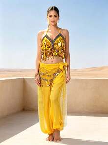 Professional Belly Dance Coin Fringe Halter Crop Top With Waist Scarf, Elastic Waist Dot Mesh Harem Pants For Dance Training, Stage Shows And Competitions - Multicolor - View 13