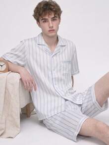 2pcs/Set Men's Summer Short Sleeve Shorts Satin Blue Striped Casual Comfortable Pajamas, Fashionable Lapel Loungewear Set For Home And Out - Blue and White - View 1