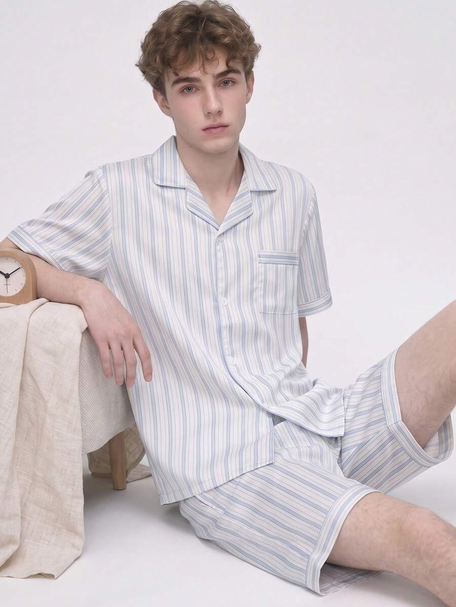 2pcs/Set Men's Summer Short Sleeve Shorts Satin Blue Striped Casual Comfortable Pajamas, Fashionable Lapel Loungewear Set For Home And Out - Blue and White - View 1