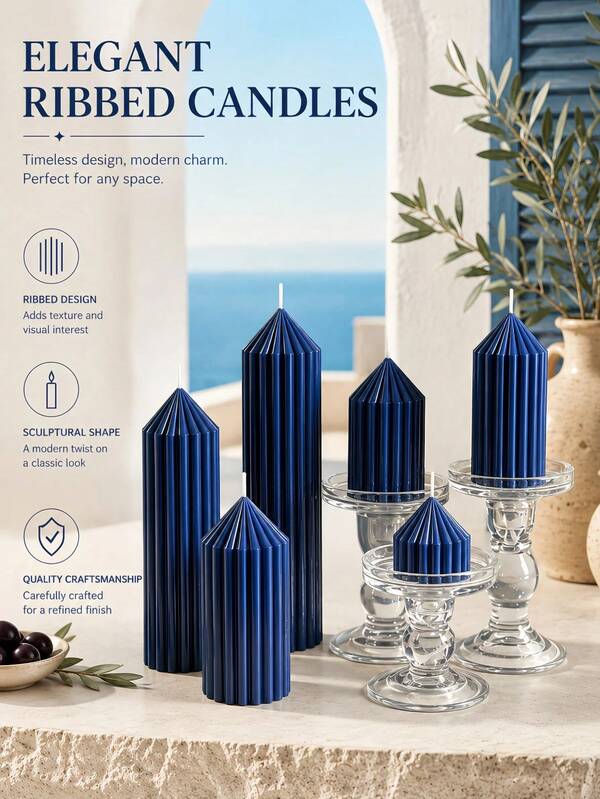 1 Piece Nordic Dark Blue Scented Candle, Pointed Thick Striped Candle, Smokeless Soy Wax, Home Decor, Party, Banquet, Wedding Decoration, Gift For Women, Tabletop Decor, Photography Prop
