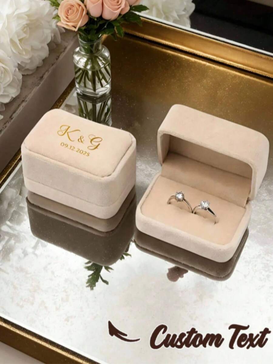個性化婚戒盒 訂婚戒指盒 求婚戒指盒 現代戒指盒 週年禮物 附客製化展示架與天鵝絨內襯 可收納 2 枚戒指 適用婚禮、訂婚與求婚珠寶收納 - 彩色 - 查看 1