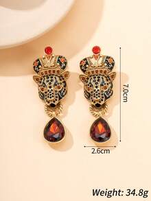 1 Pair Luxury Leopard Head Crown Stud Earrings With Red Teardrop Rhinestones, Vintage Distressed Gold Texture Women's Party Earrings Daily Accessories - Multicolor - View 2