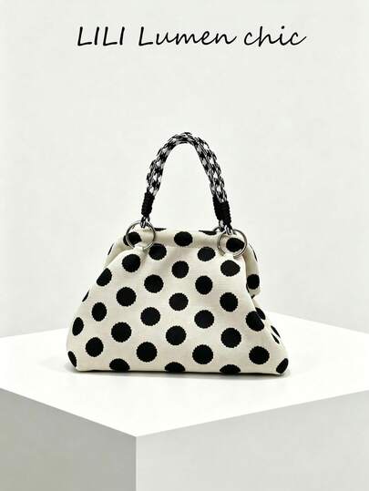 Beige Black Polka Dot Clip HandBag Carry Handle Silver Metal Ring Connection Frame Closure Soft Fabric Handbag For Date Campus Daily Use