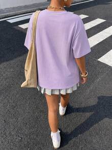 SHEIN X FRIENDS Lilac Double-Sided Cartoon Dance Graphic Oversized Casual Short Sleeve T-Shirt For Women Summer - Mauve Purple - View 3