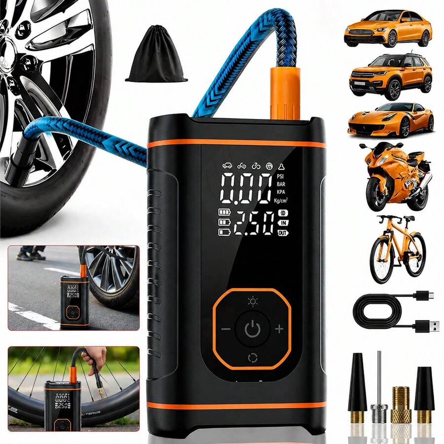 便攜式充氣泵 19 缸無線空氣壓縮機，具備自動停止功能與 LED 燈，150PSI 充氣泵，7.4V 1500MAH 可充電電池，適用於汽車輪胎、自行車、摩托車、運動球類及其他輪胎充氣