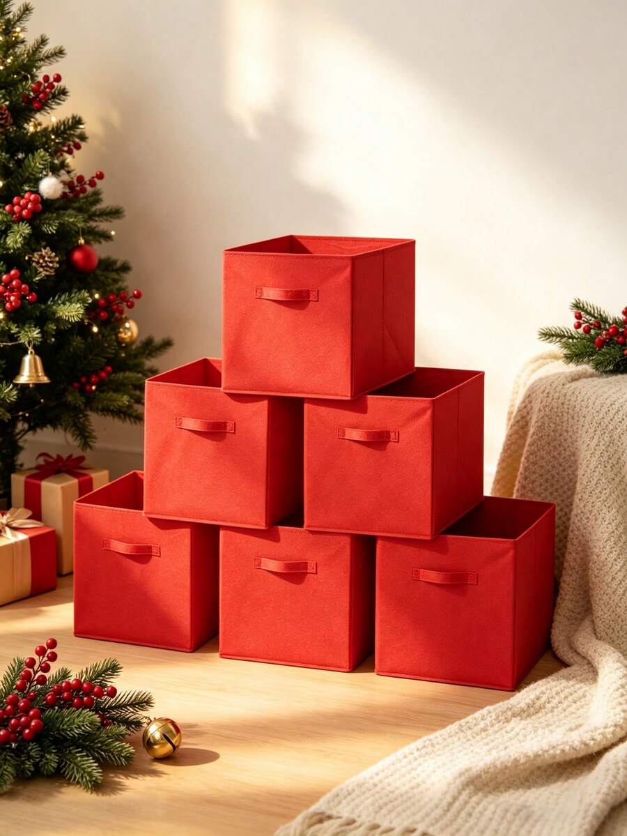 Kotak Penyimpanan Dekorasi Natal 6PCS/3PCS/2PCS/1PC, Kotak Penyimpanan Bola Dekoratif, Organizer Penyimpanan Kapasitas Besar, Kotak Penyimpanan Rumah, Dapat Digunakan Sebagai Hadiah Santa Claus, Keranjang Penyimpanan Kain Lipat dengan Pegangan, Keranjang Hadiah Cocok untuk Rumah, Kamar Tidur, Kantor
