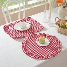 1pc/2pcs/6pcs Korean Style Plaid Placemats, Sweet Princess Style Candy Color Plaid Tablecloth With Ruffle Edge, Cute Food Plate Heat-Insulating Background Mat - Multicolor - View 5