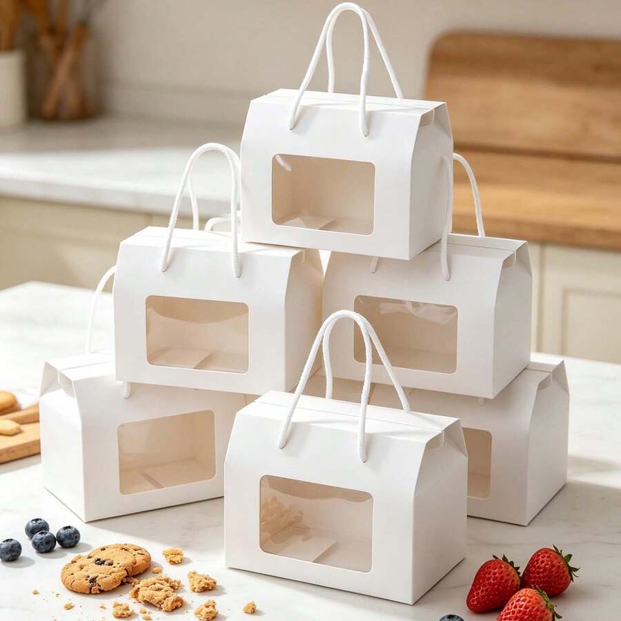 5pcs/10pcs White Window Handle Boxes For Cookies, Sandwich Crackers, Soda Crackers, Macarons, Candies, Mini Snacks, Suitable For Birthday, Party, Wedding Gift Packaging - View 1
