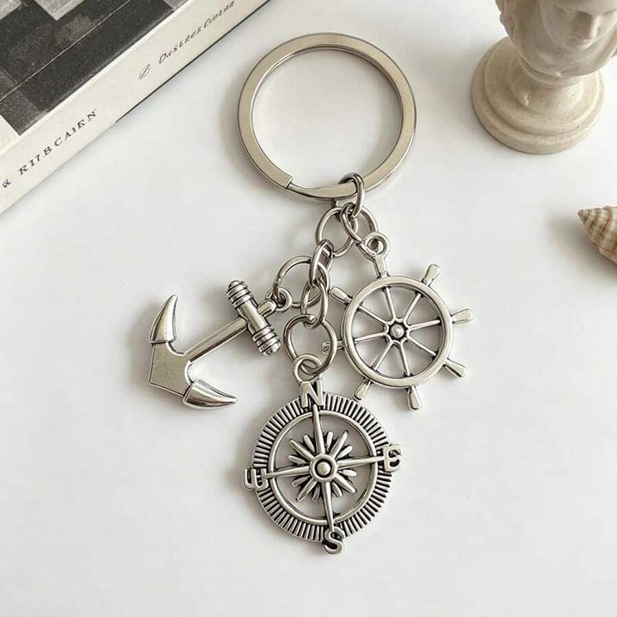 Men's Vintage Nautical Style Keychain With Anchor, Ship Wheel And Compass Charms, Rust-Resistant Alloy Material, Suitable As Car Key Accessory, Gift For Sailing Enthusiasts And Travelers As Ocean Adventure Souvenir - Silver - View 1