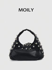 Bolso de mano y de hombro para mujer estilo Y2K Punk con diseño de remaches, cierre de cremallera, material de PU - Negro - Ver 7