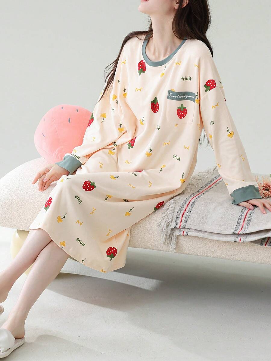 1 buah Baju Tidur Wanita, Baju Tidur Model Pullover Motif Buah, Leher Bulat, dengan Kantong, Lengan Panjang, Nyaman untuk Dipakai di Rumah - Sampanye - View 1