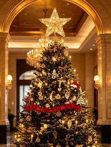 1pc-Christmas Lighted Christmas Tree Topper Tree Topper Star, Glitter Christmas Tree Topper Decorations Champagne Christmas Tree Star Suitable For Home Christmas Tree Decoration, Christmas Tree Star Topper, Hollow Star Tree Topper Decoration, Christmas Tree Decoration, Holiday Decoration, Christmas Home Gift, Christmas Decoration - Champagne - View 3