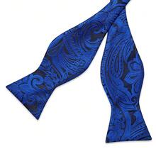 5Pcs Men Blue Paisley Jacquard Self-Tie Bow Tie Pocket Square Detachable Cufflinks Ring Boutonniere Set, Cufflinks Random Pattern, Wedding Formal - Blue - View 3