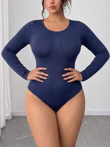 1 buah Bodysuit Kasual Tanpa Jahitan Ukuran Plus untuk Wanita, Leher Bulat, Pengontrol Perut dan Pembentuk Bokong, Atasan Ketat Pembentuk Tubuh, Atasan Serbaguna untuk Pemakaian Sehari-hari - Biru laut - View 4