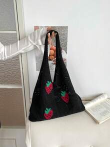 Casual Versatile Crochet Knit Large Capacity Shoulder Bag - Negro - Ver 6