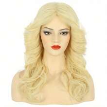 1pcs 70s Light Gold Split Long Wig With Big Waves, Fluffy Outward Long Curly Hair Design, Women's Photo Party Atmosphere, Full Top Hair Set - Gold - View 2
