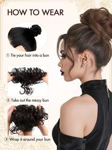 1 Pc Messy Hair Bun Updo Chignon With Elastic Hair Rope, Real Human Hair Extensions, Thick Tousled Wavy Curly Scrunchie Bun Ponytail Hair Accessory For Daily Elegant Hairstyles Women - Multicolor - View 1